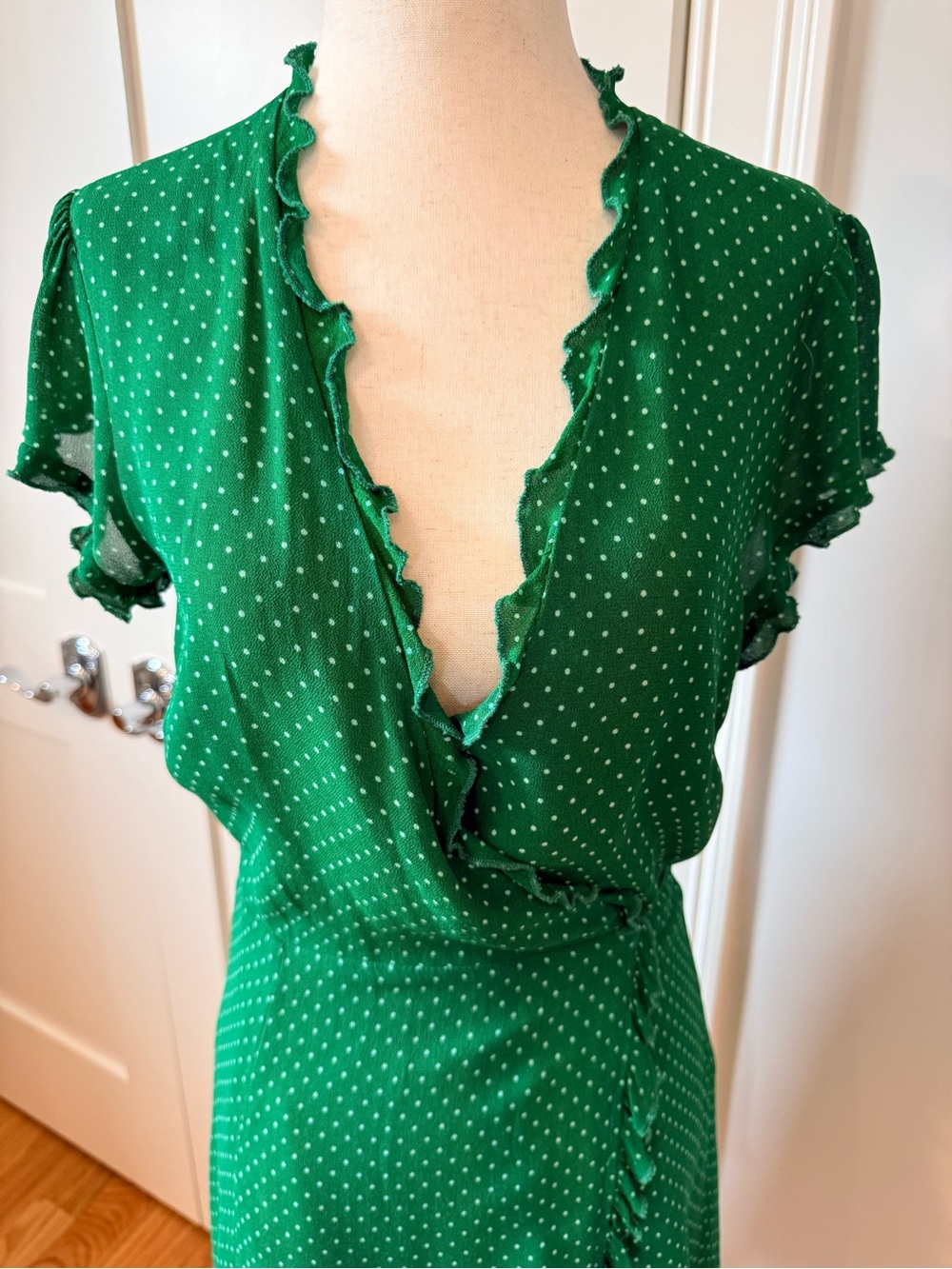 Reformation Sicilia Green Polka Dot Mini Wrap Dress - Picture 7 of 16